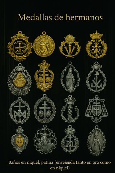 Diversas medallas con símbolos religiosos y militares en tonos dorados y plateados.