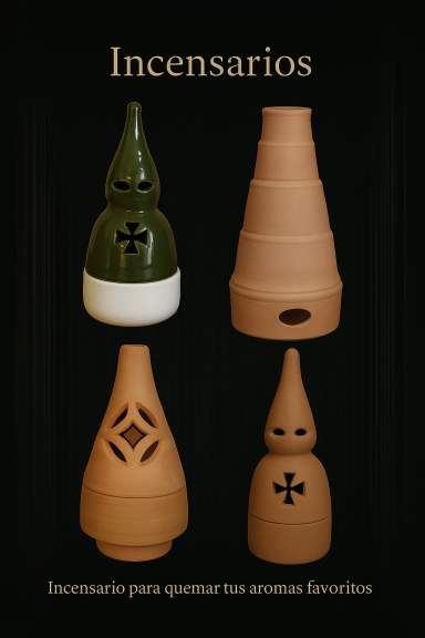 Incensarios de diferentes formas y colores sobre fondo negro.