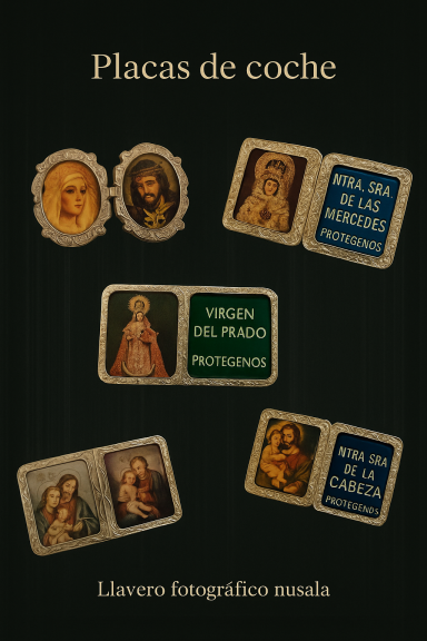 Placas de coche con imágenes de santos y mensajes religiosos.