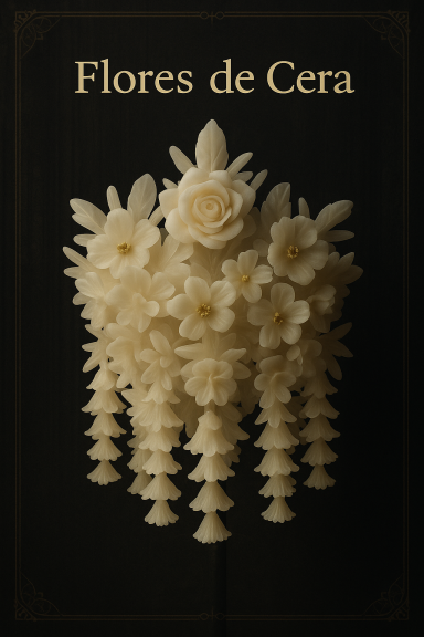 Ramas de flores de cera blancas sobre fondo negro, con texto "Flores de Cera".