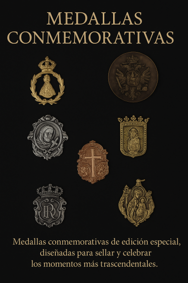 Texto con el título "Medallas Conmemorativas" y varias medallas ilustradas en el diseño.
