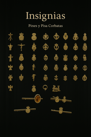 Varias insignias en dorado sobre fondo negro, organizadas en filas.
