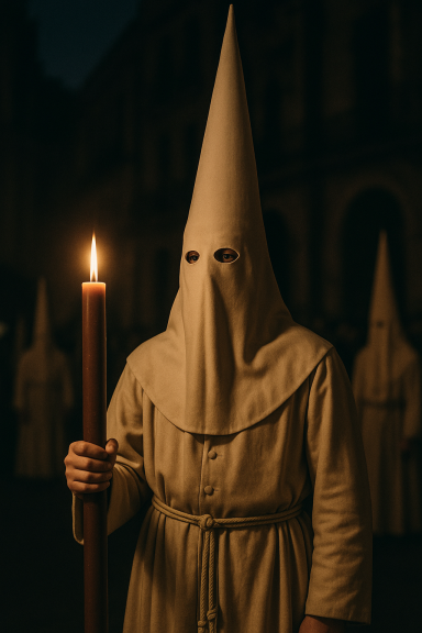 Persona con túnica blanca y capucha sosteniendo una vela en un entorno oscuro.