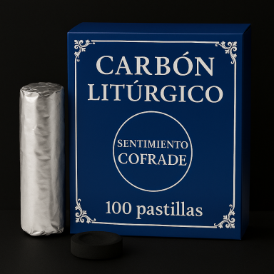 Caja azul de carbón litúrgico con 100 pastillas y un rollo plateado al lado.