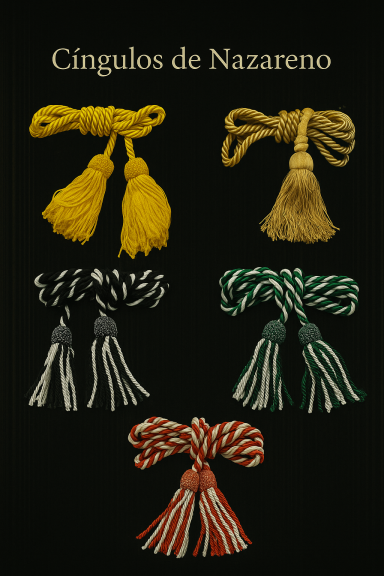 Cíngulos de Nazareno en varios colores: amarillo, negro, verde y rojo.