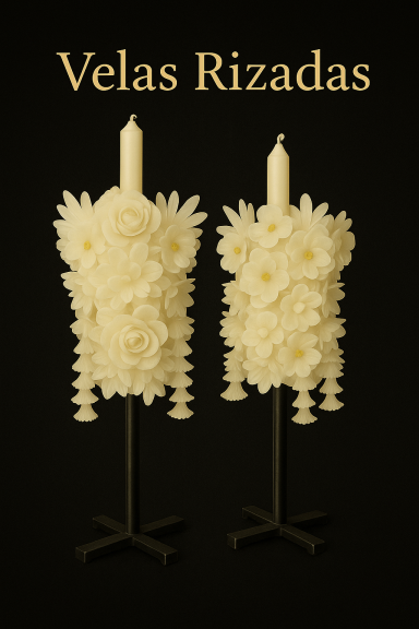 Velas decorativas amarillas con forma de flores, sobre soportes negros.