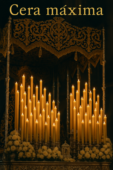 Candelabros con numerosas velas encendidas y fondo oscuro decorativo.
