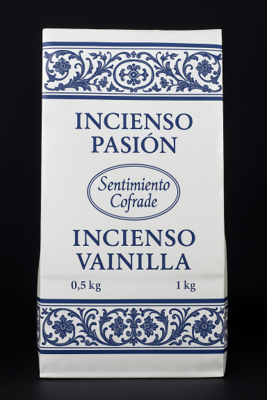 Paquete de incienso con diseño en azul, etiqueta que dice "Incienso Pasión" y "Incienso Vainilla".