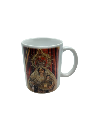 Taza con imagen de una virgen y un niño en fondo rojo y dorado.
